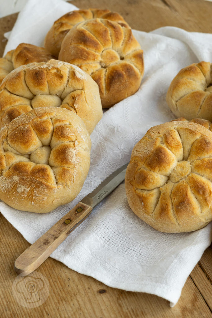 Leckere Frühstücksbrötchen aus Dinkel. Typische italienische Brötchen mit einer raffinierten Form: Rosette Soffiate Küchentraum & Purzelbaum | #brötchen | #backen | #dinkel