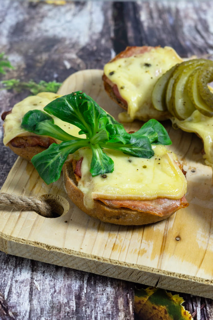 Leckere und schnelle überbackene Brötchen mit Bacon und Käse. Diese überbackenen Vinschgauer sorgen für Abwechlsung bei Brotzeit, Vesper oder Jause. Küchentraum & Purzelbaum