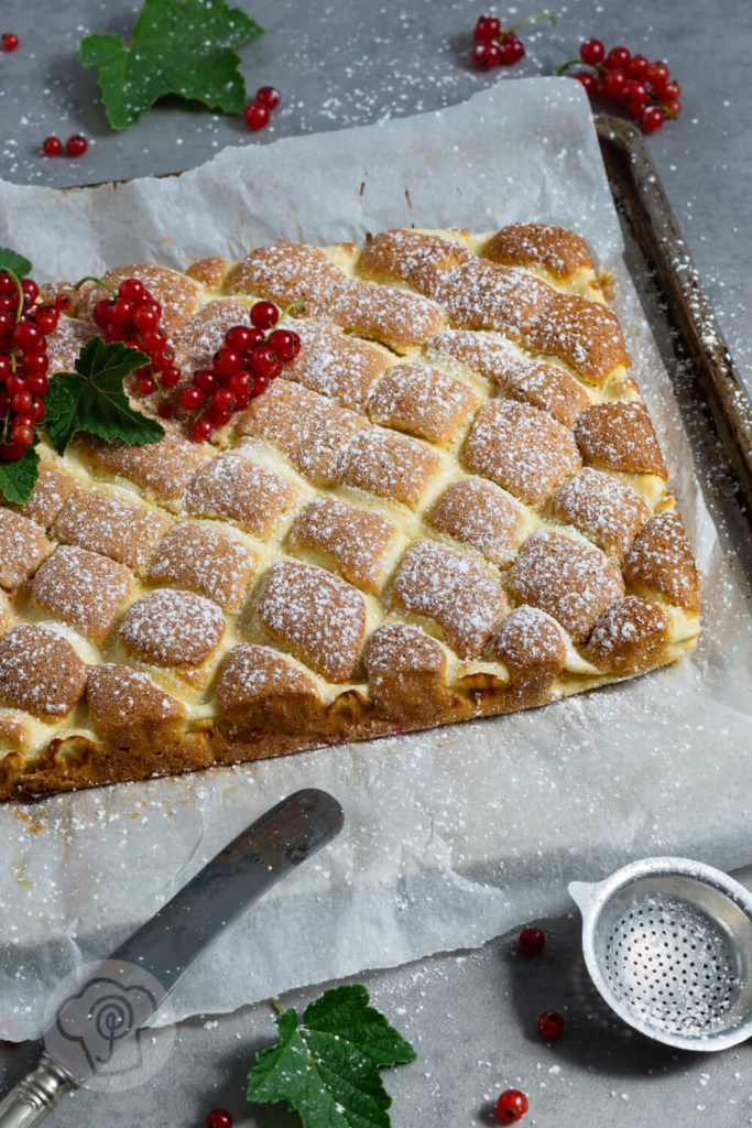 Steppdeckenkuchen auf dem Blech. Von oben fotografiert mit Johannisbeeren und Puderzucker.