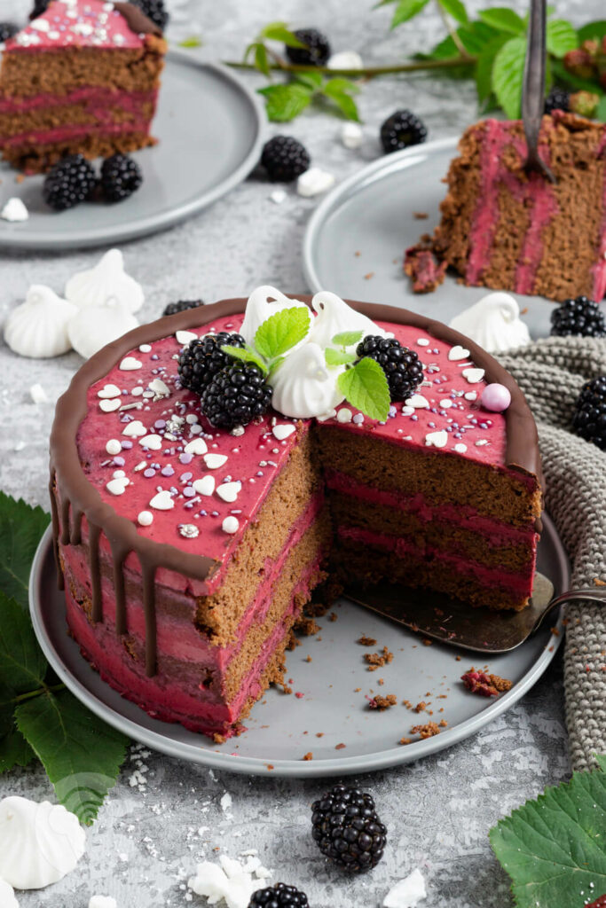 Brombeer Torte mit Schokolade auf einem Teller angeschnitten. Brombeeren als Dekoration.