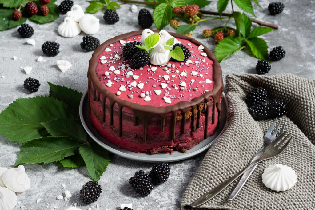 Brombeer Torte mit Schokolade auf einem Teller. Brombeeren als Dekoration.