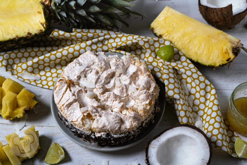 Kokoskuchen auf einem Teller. Halbierte Ananas, Ananasstücke & Ananaskonfitüre.