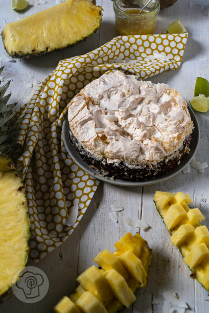 Kokoskuchen auf einem Teller. Halbierte Ananas, Ananasstücke & Ananaskonfitüre.