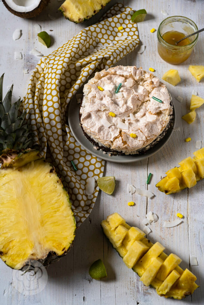 Kokoskuchen auf einem Teller. Halbierte Ananas, Ananasstücke & Ananaskonfitüre.