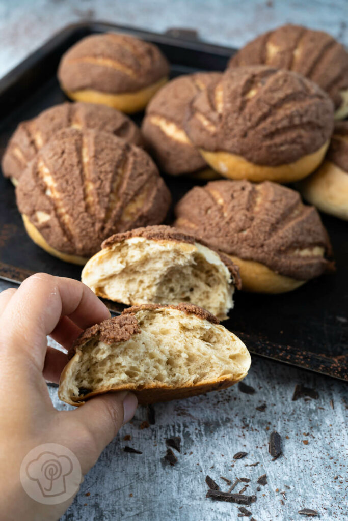 Mexikanische Conchas auf einem Blech mit Schokostückchen im Hintergrund. Im Vordergrund ein Muschelbrötchen auseinandergebrochen.