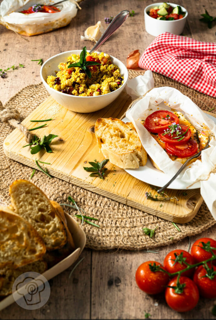 Schneller Couscous Salat mit Kichererbsen, dazu gegrillter Feta und Brot