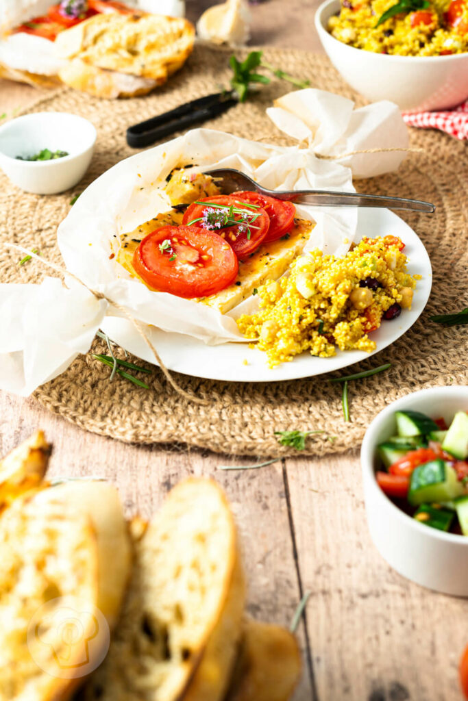 Schneller Couscous Salat mit Kichererbsen, dazu Feta und Tomatensalat